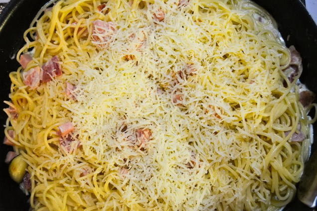 Carbonara con pancetta, prosciutto e panna