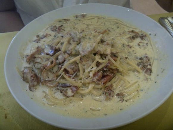 Carbonara z boczkiem, grzybami i śmietaną
