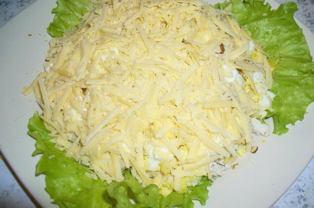 Salat mit Hühnchen, Käse, Ei und Mayonnaise