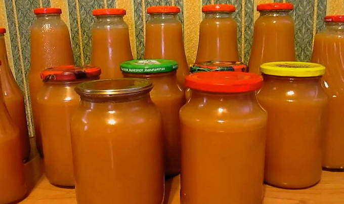 Apfelsaft aus Ranetki durch einen Entsafter mit Fruchtfleisch für den Winter
