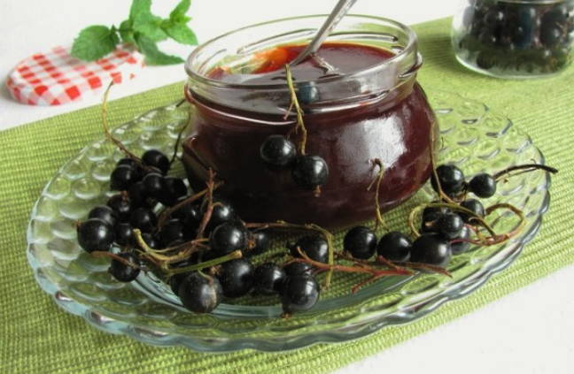 Schwarze Johannisbeeren mit Zucker, gerieben mit einem Mixer für den Winter ohne zu kochen
